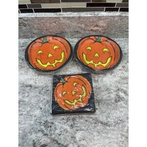 Vintage Halloween Plates And Napkins Party Jack O Lantern Pumpkin NIP NOS